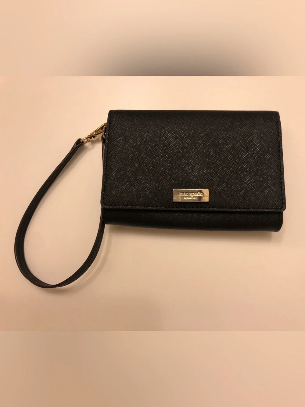 Kate Spade Black Saffiano Leather Wristlet Clutch with Gold Hardware